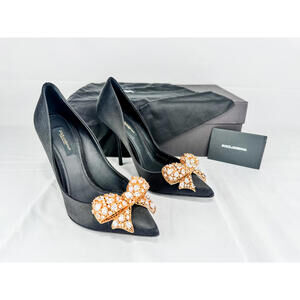 Dolce & Gabbana Crystal Filigree Bow Satin Pumps Black New